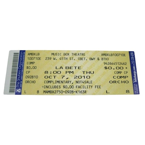 La Bete Music Box Ticket ONLY October 7 2010 David Pierce Lumley - Picture 1 of 2